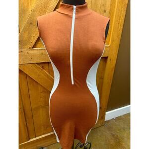 Women's Medium Bodycon Party Club Dress Brown White Zipper Mock Neck